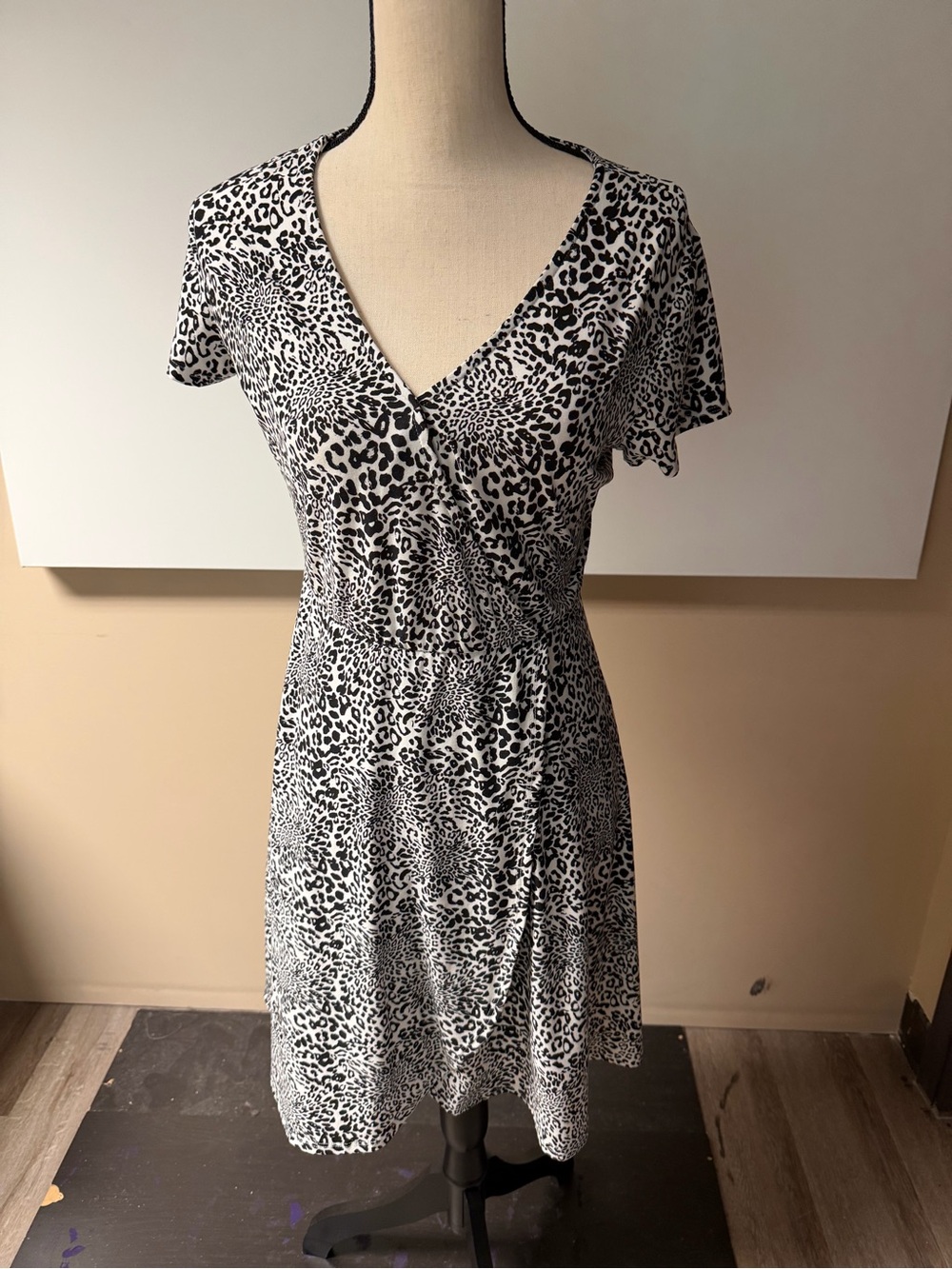 Leopard Print V-Neck Wrap Dress in Black & White